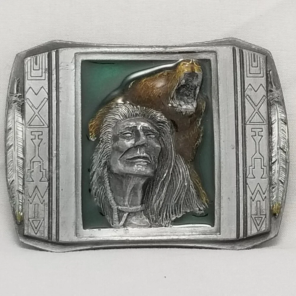 Belt Buckle Pewter 1990 The Guardian‎ Native American Indian Chief With Bear Art